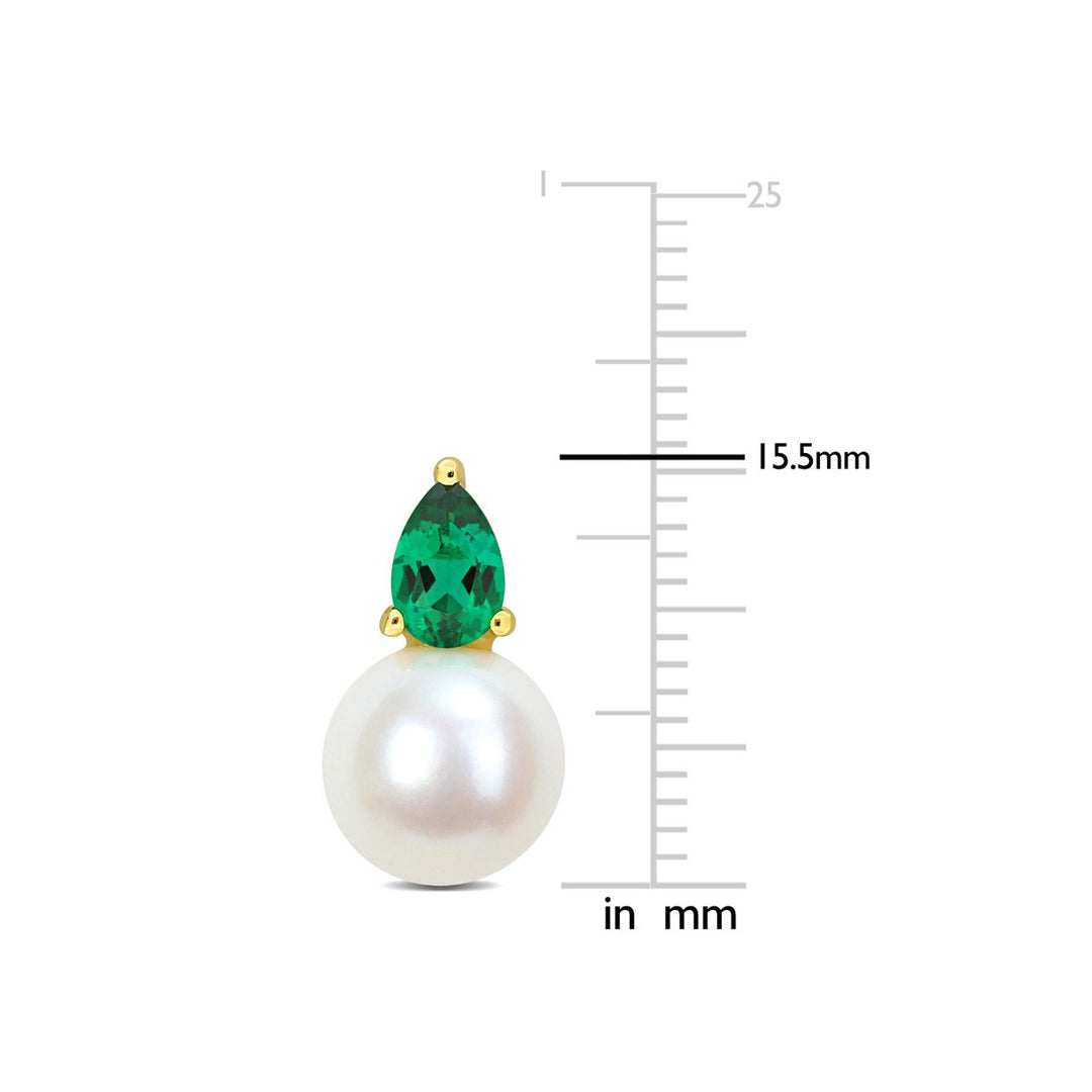 8.5-9mm Cultured Freshwater Pearl Earrings with Lab-Created Emeralds Yellow Sterling Silver Image 3