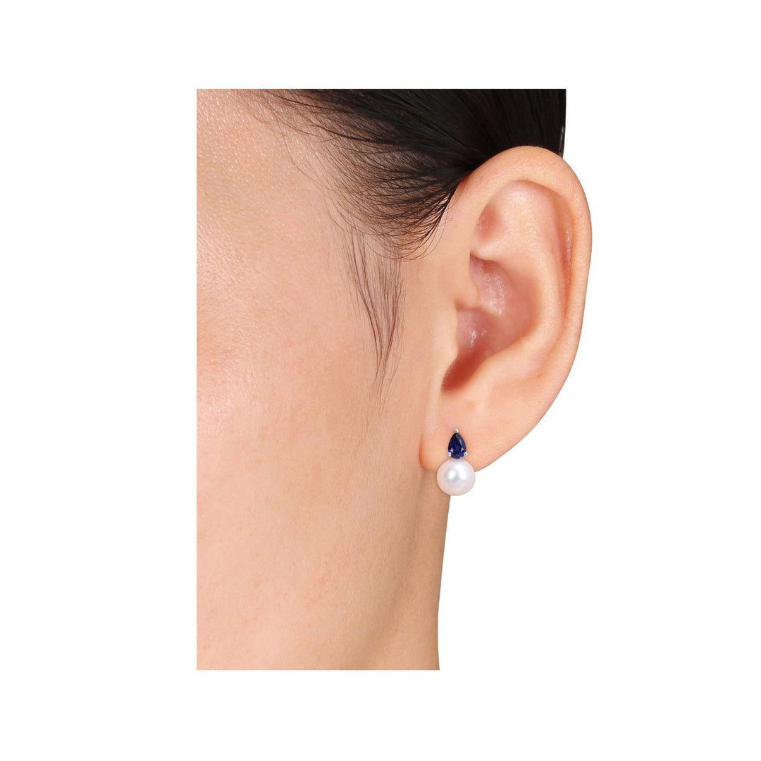 8.5-9mm Cultured Freshwater Pearl Earrings with Lab-Created Blue Sapphires Sterling Silver Image 4