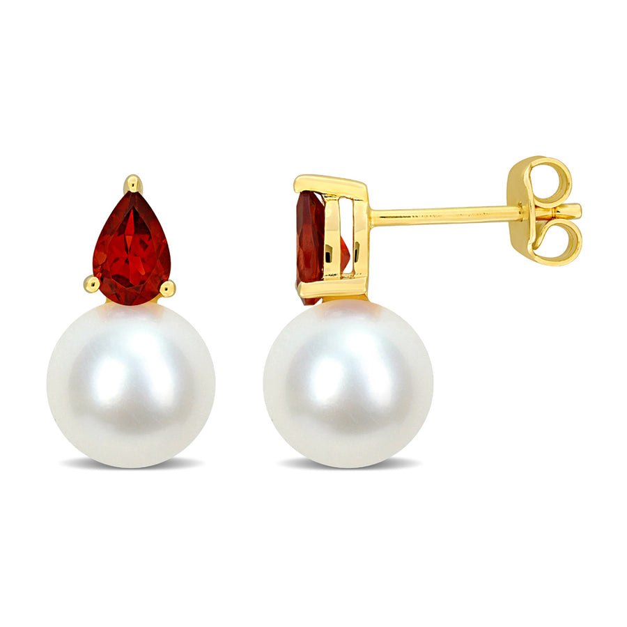 8.5-9mm Cultured Freshwater Pearl Earrings with Garnet Yellow Sterling Silver Image 1
