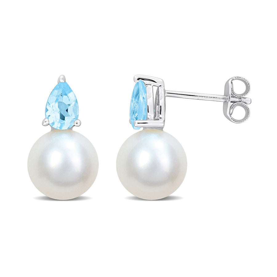 8.5-9mm Cultured Freshwater Pearl Earrings with Blue Topaz Sterling Silver Image 1