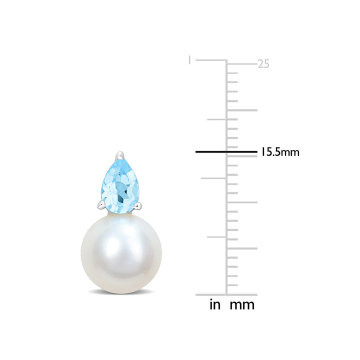 8.5-9mm Cultured Freshwater Pearl Earrings with Blue Topaz Sterling Silver Image 2