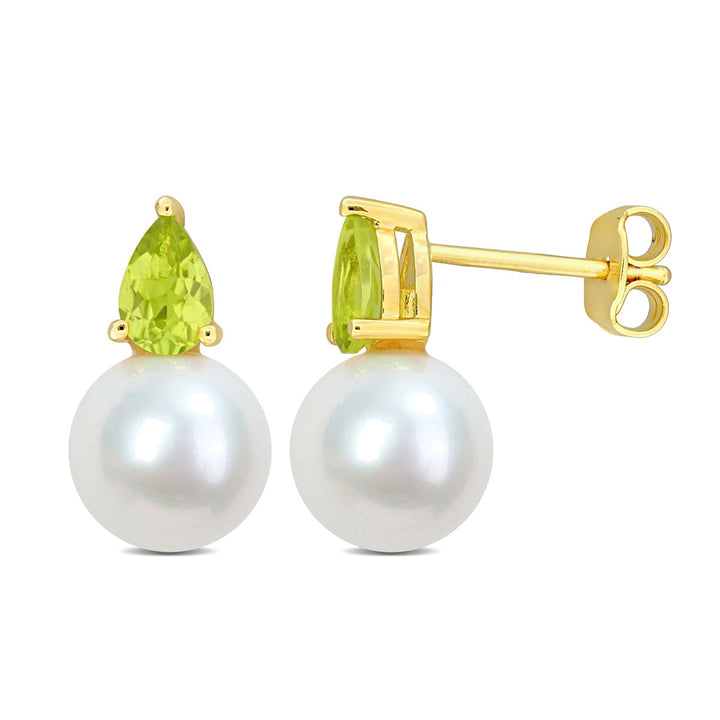 8.5-9mm Cultured Freshwater Pearl Earrings with Peridots Yellow Sterling Silver Image 1