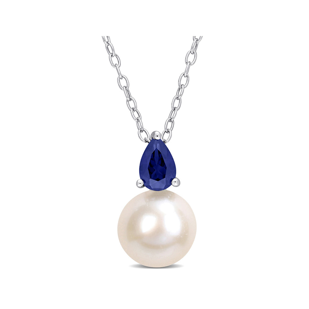 8.5-9mm Freshwater Cultured Drop Pearl Pendant Necklace with Lab-Created Blue Sapphire Sterling Silver with Chain Image 1