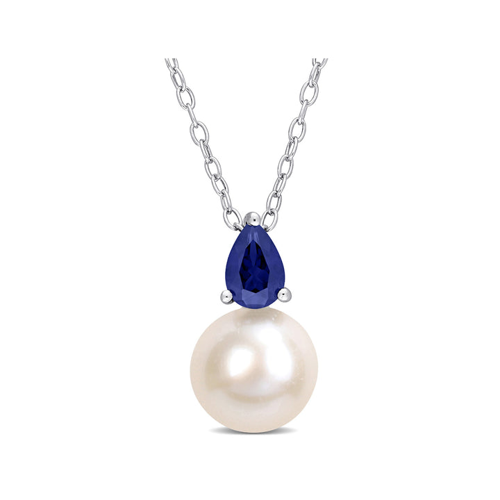 8.5-9mm Freshwater Cultured Drop Pearl Pendant Necklace with Lab-Created Blue Sapphire Sterling Silver with Chain Image 1