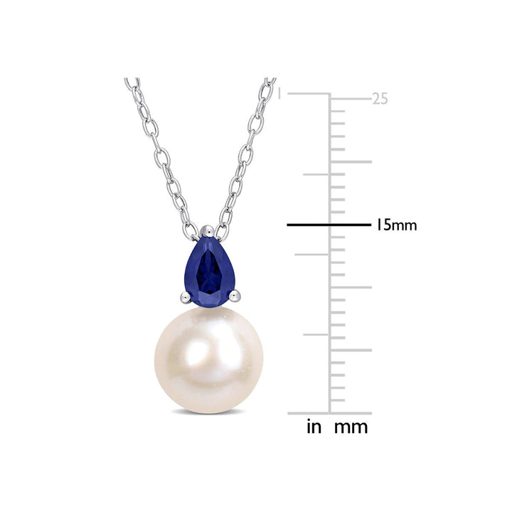 8.5-9mm Freshwater Cultured Drop Pearl Pendant Necklace with Lab-Created Blue Sapphire Sterling Silver with Chain Image 3