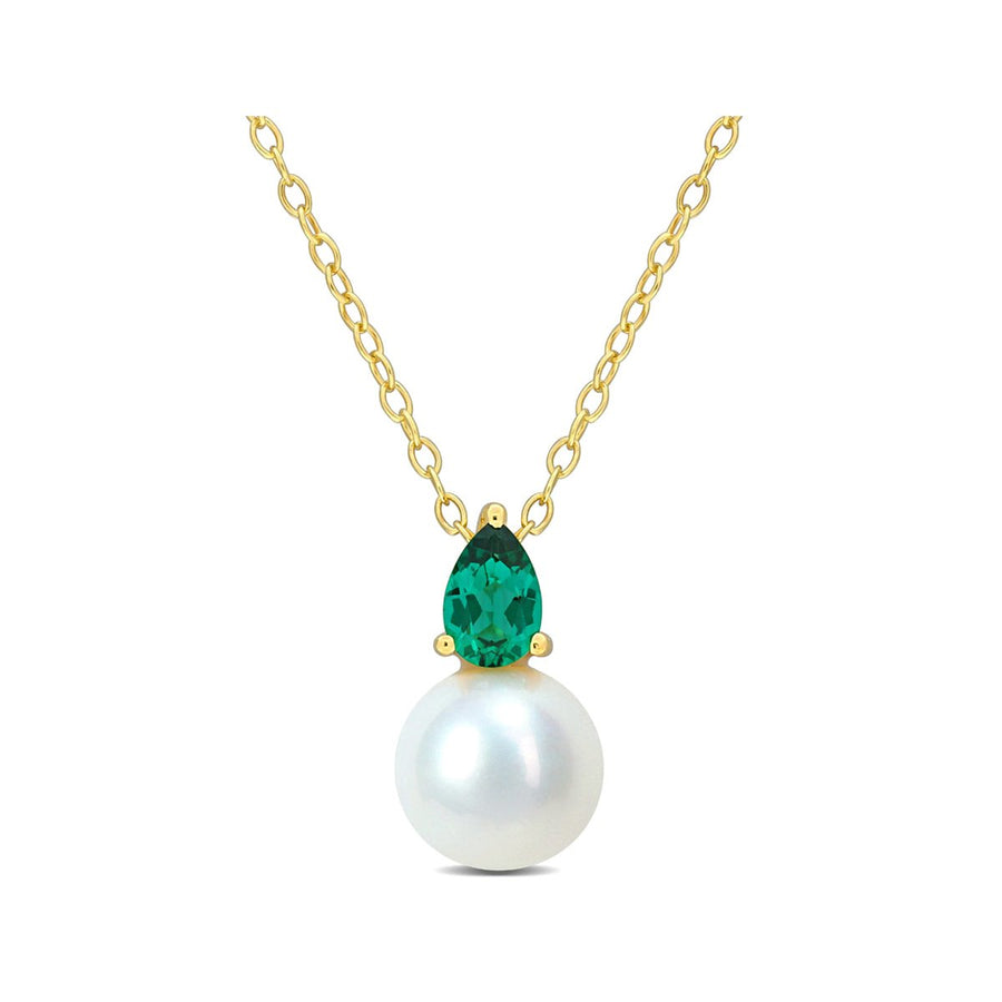 8.5-9mm Freshwater Cultured Drop Pearl Pendant Necklace with Lab-Created Emerald Yellow Sterling Silver with Chain Image 1