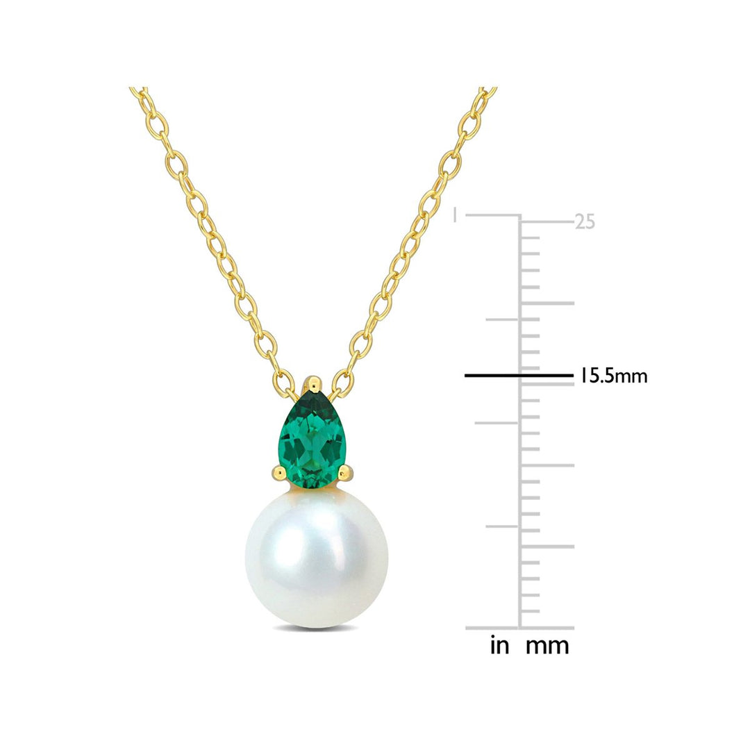 8.5-9mm Freshwater Cultured Drop Pearl Pendant Necklace with Lab-Created Emerald Yellow Sterling Silver with Chain Image 2