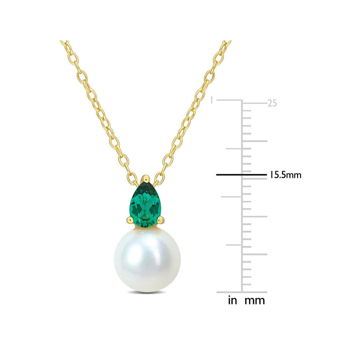 8.5-9mm Freshwater Cultured Drop Pearl Pendant Necklace with Lab-Created Emerald Yellow Sterling Silver with Chain Image 2