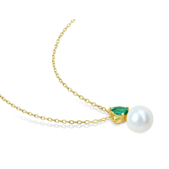 8.5-9mm Freshwater Cultured Drop Pearl Pendant Necklace with Lab-Created Emerald Yellow Sterling Silver with Chain Image 3