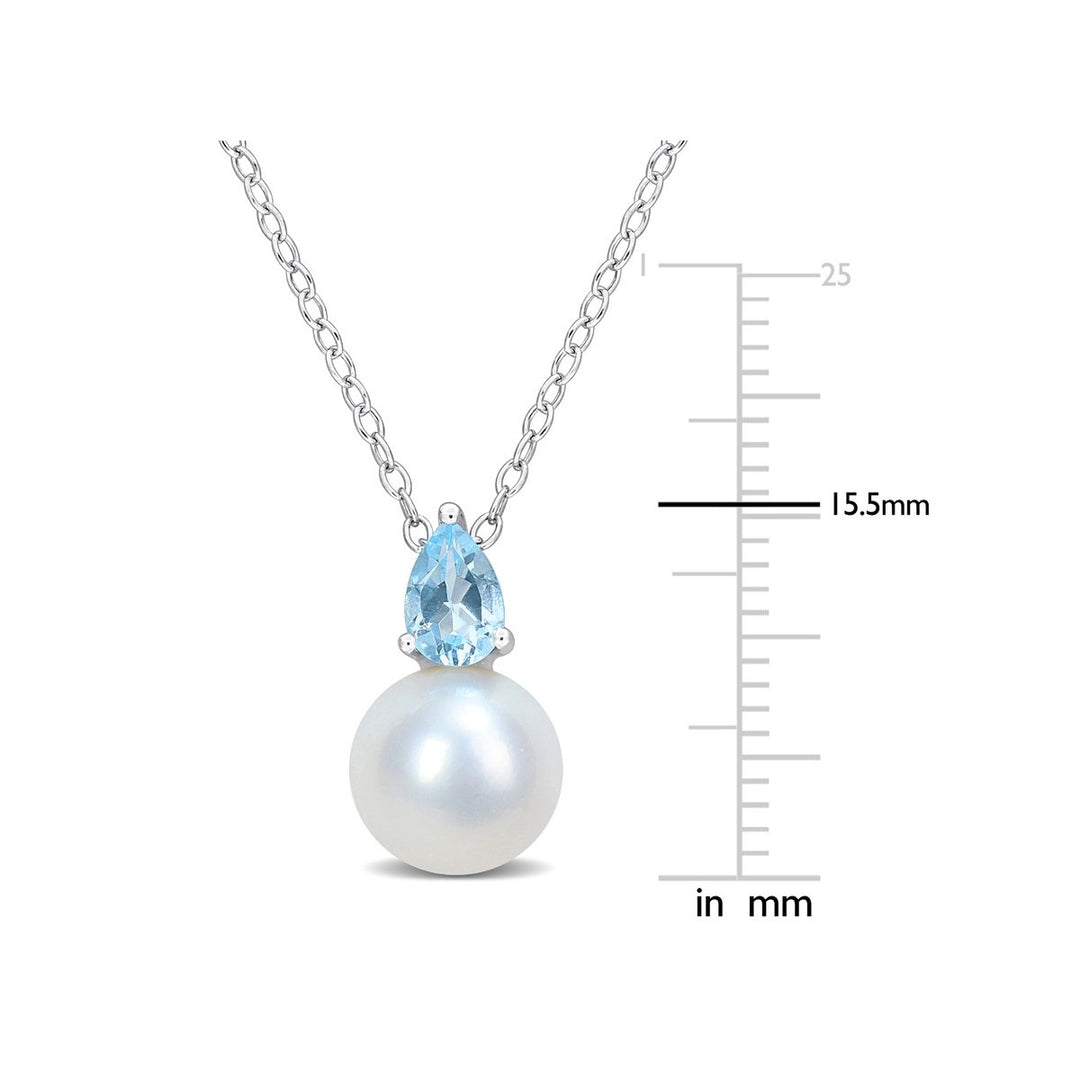 8.5-9mm Freshwater Cultured Drop Pearl Pendant Necklace with Blue Topaz Sterling Silver with Chain Image 2