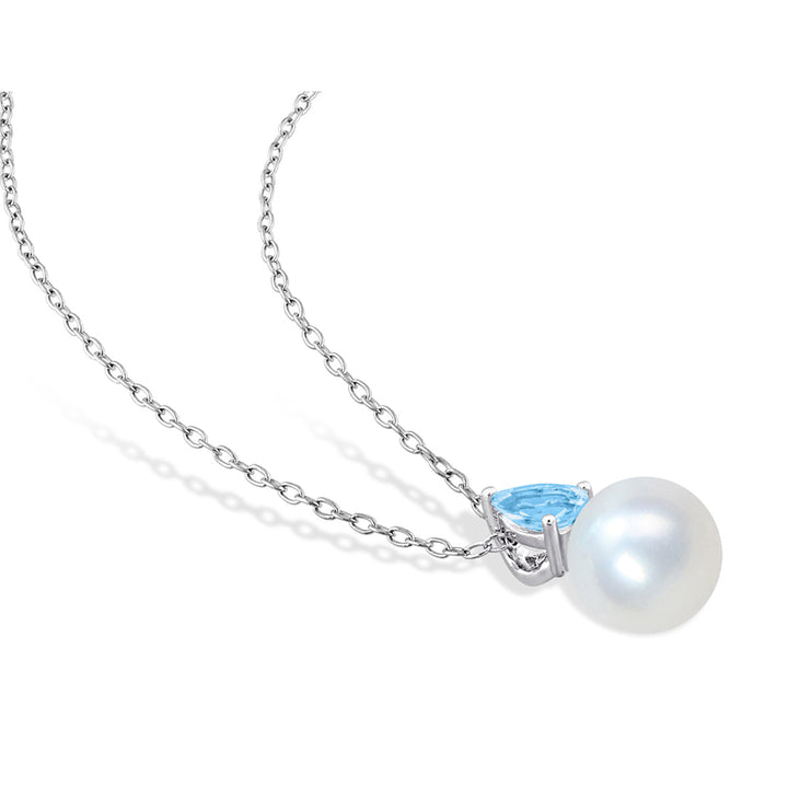 8.5-9mm Freshwater Cultured Drop Pearl Pendant Necklace with Blue Topaz Sterling Silver with Chain Image 3