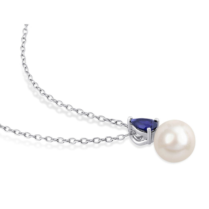 8.5-9mm Freshwater Cultured Drop Pearl Pendant Necklace with Lab-Created Blue Sapphire Sterling Silver with Chain Image 4