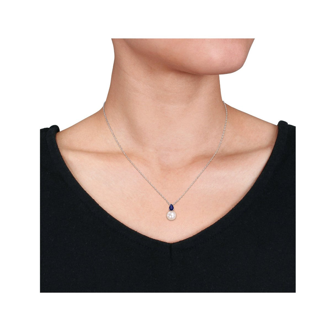 8.5-9mm Freshwater Cultured Drop Pearl Pendant Necklace with Lab-Created Blue Sapphire Sterling Silver with Chain Image 4