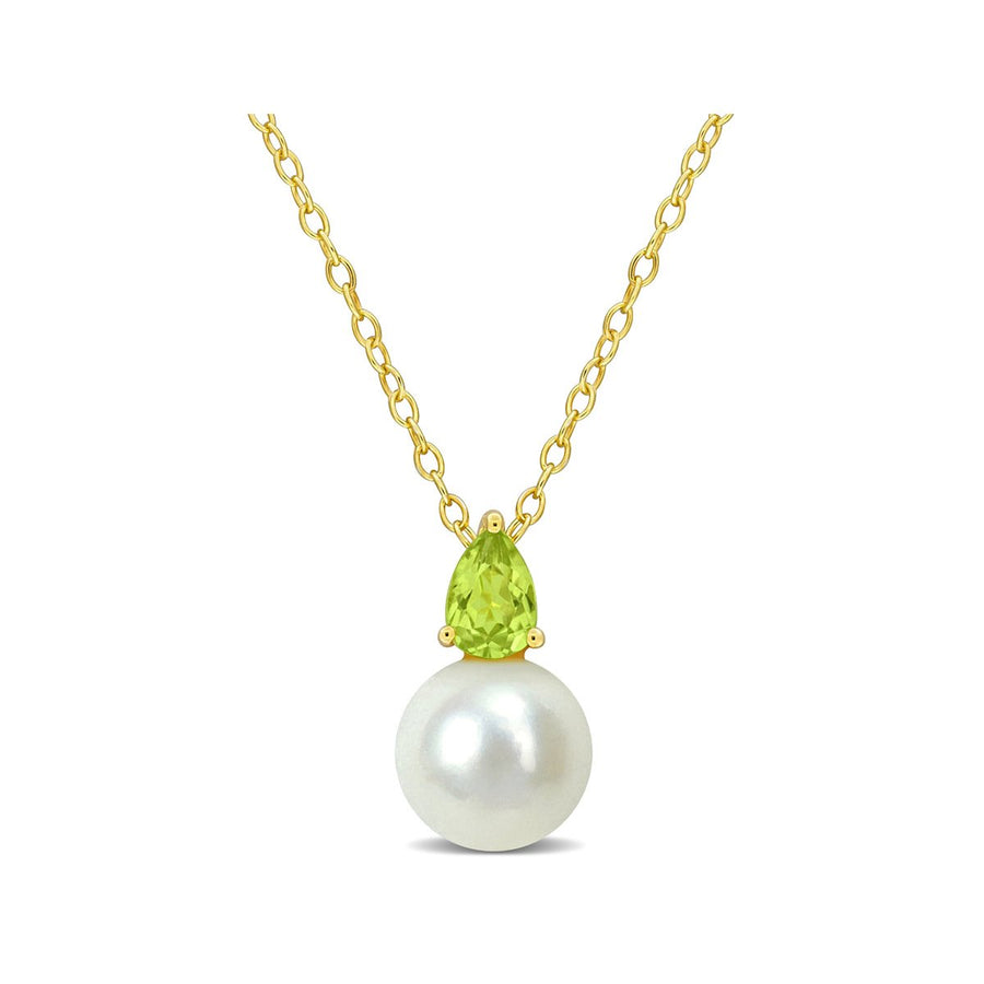 8.5-9mm Freshwater Cultured Drop Pearl Pendant Necklace with Peridot Yellow Sterling Silver with Chain Image 1