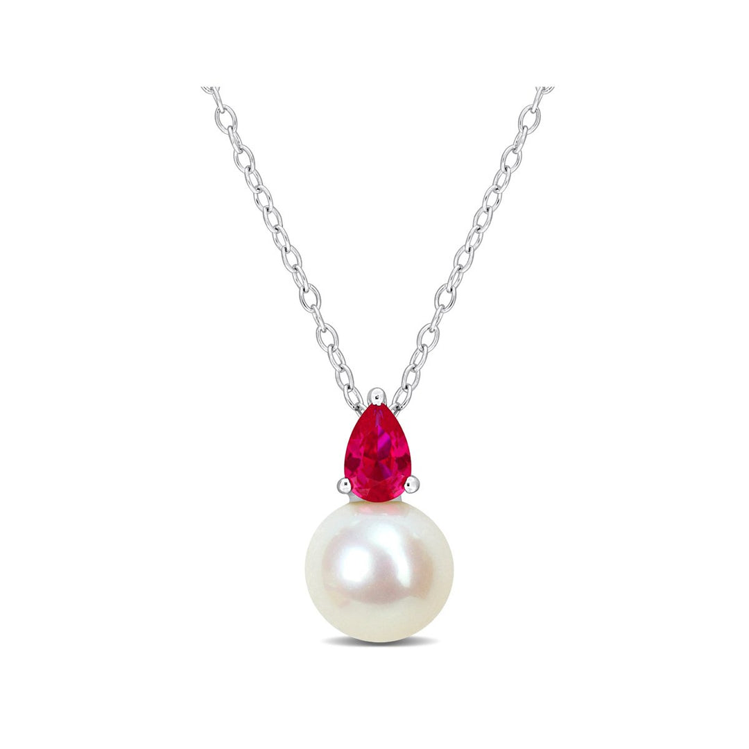 8.5-9mm Freshwater Cultured Drop Pearl Pendant Necklace with Lab-Created Ruby Sterling Silver with Chain Image 1