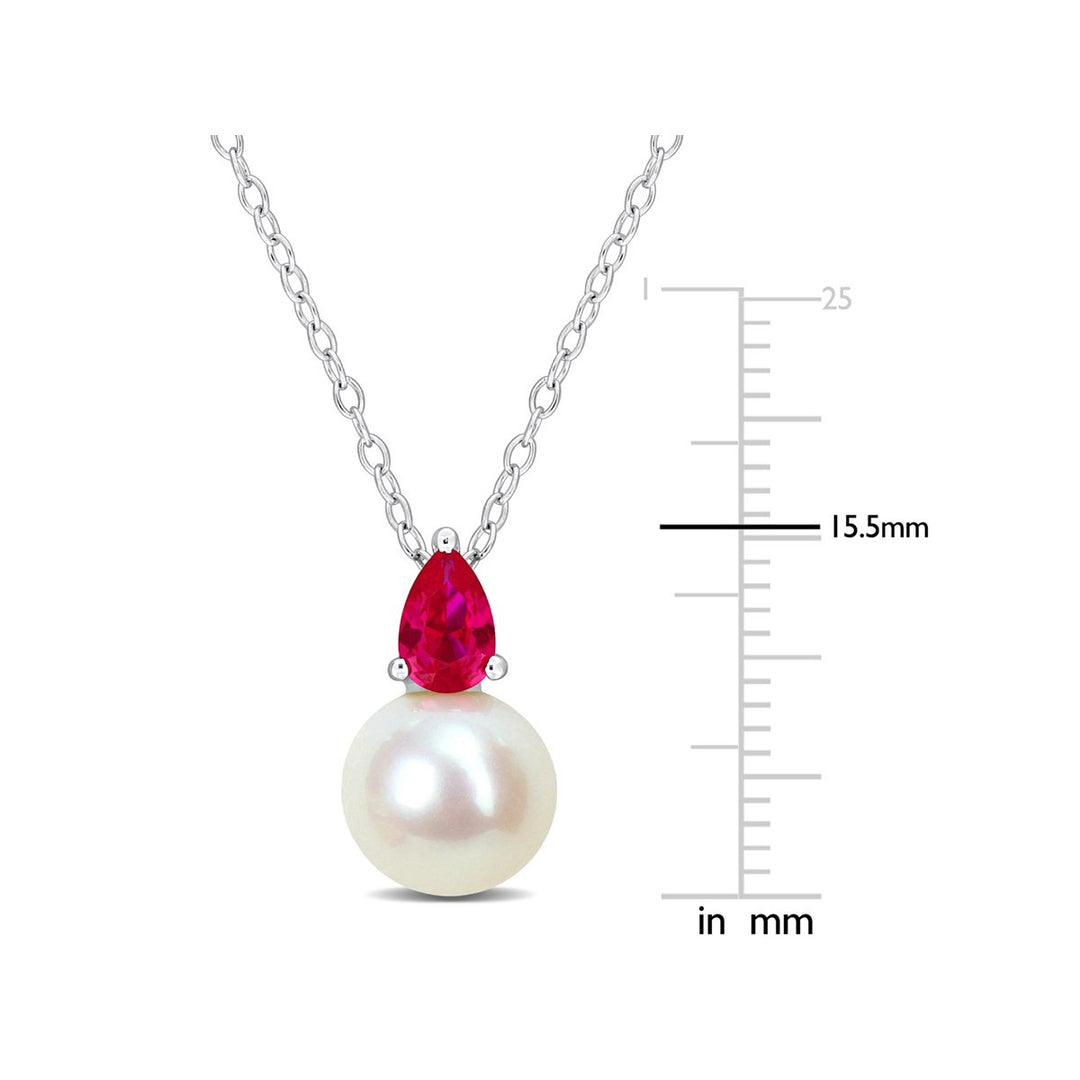 8.5-9mm Freshwater Cultured Drop Pearl Pendant Necklace with Lab-Created Ruby Sterling Silver with Chain Image 2