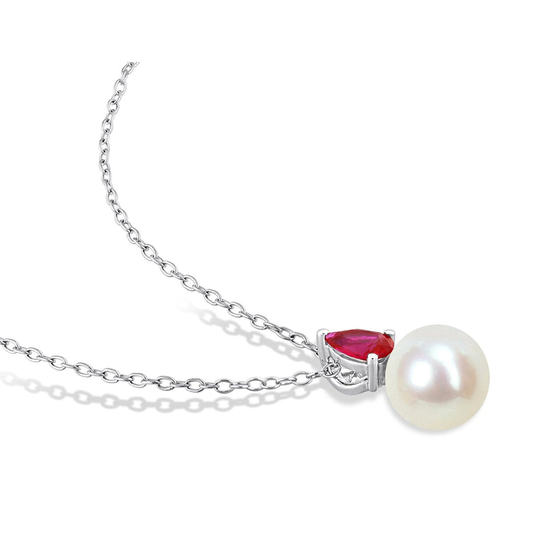 8.5-9mm Freshwater Cultured Drop Pearl Pendant Necklace with Lab-Created Ruby Sterling Silver with Chain Image 3