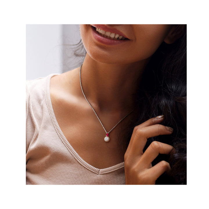 8.5-9mm Freshwater Cultured Drop Pearl Pendant Necklace with Lab-Created Ruby Sterling Silver with Chain Image 4