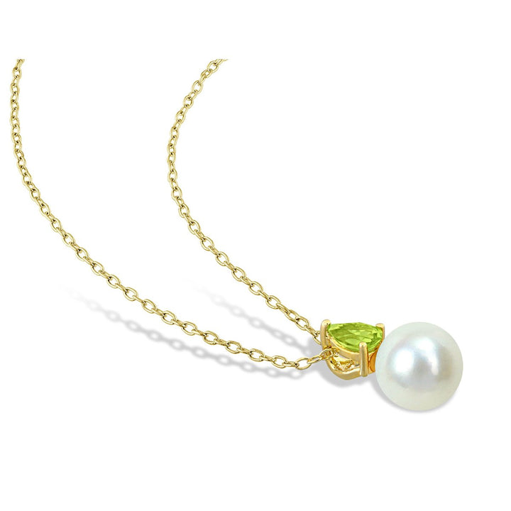 8.5-9mm Freshwater Cultured Drop Pearl Pendant Necklace with Peridot Yellow Sterling Silver with Chain Image 3