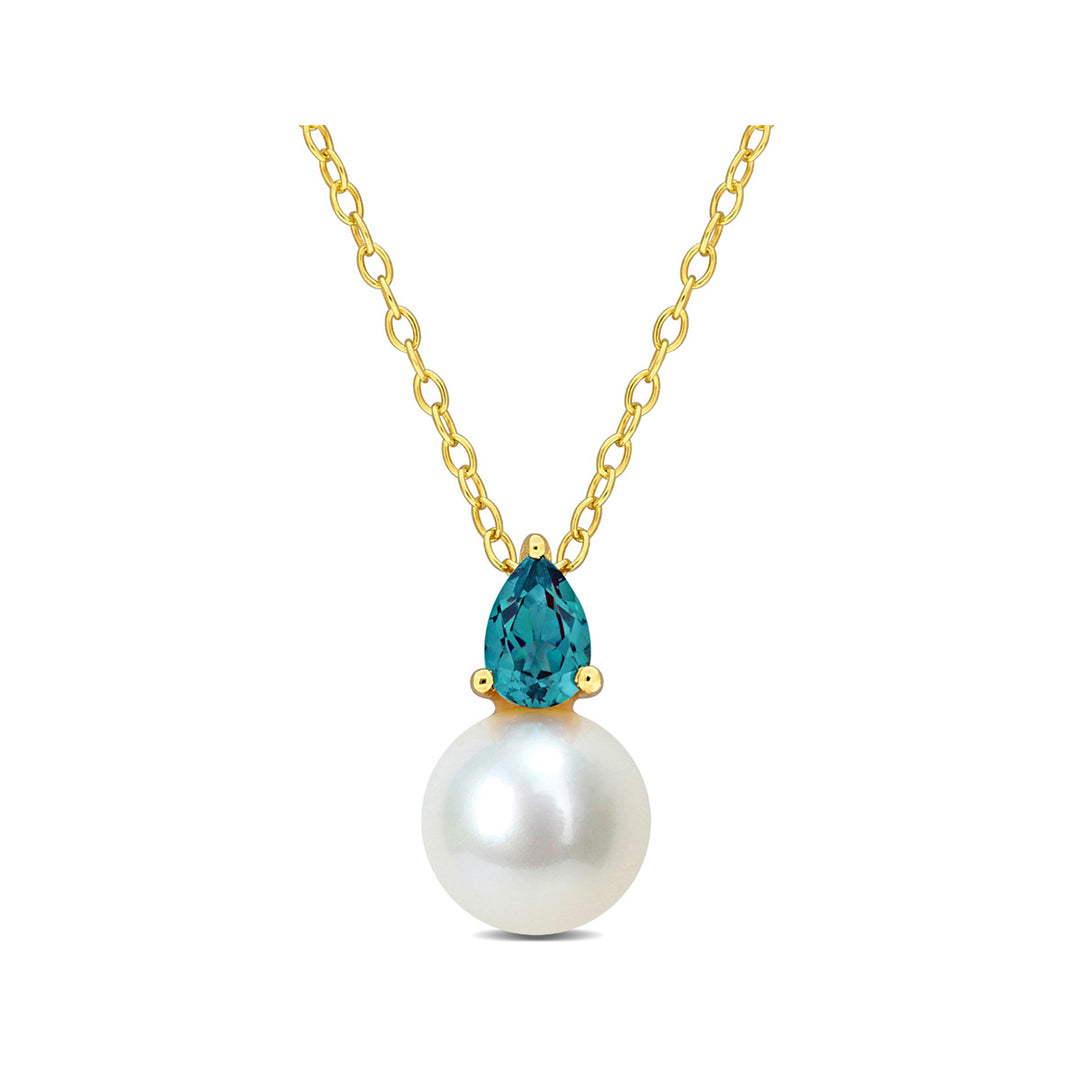 8.5-9mm Freshwater Cultured Drop Pearl Pendant Necklace with Lab-Created Alexandrite Sterling Silver with Chain Image 1