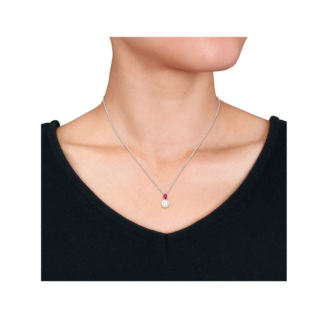 8.5-9mm Freshwater Cultured Drop Pearl Pendant Necklace with Lab-Created Ruby Sterling Silver with Chain Image 4