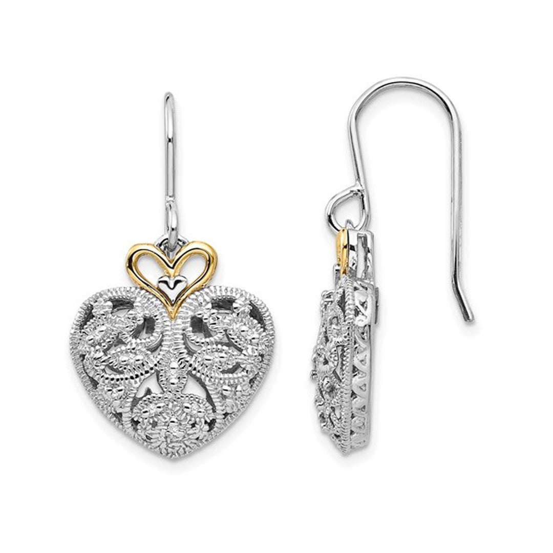 Sterling Silver Heart Vintage Dangle Earrings with Accent Diamonds Image 1