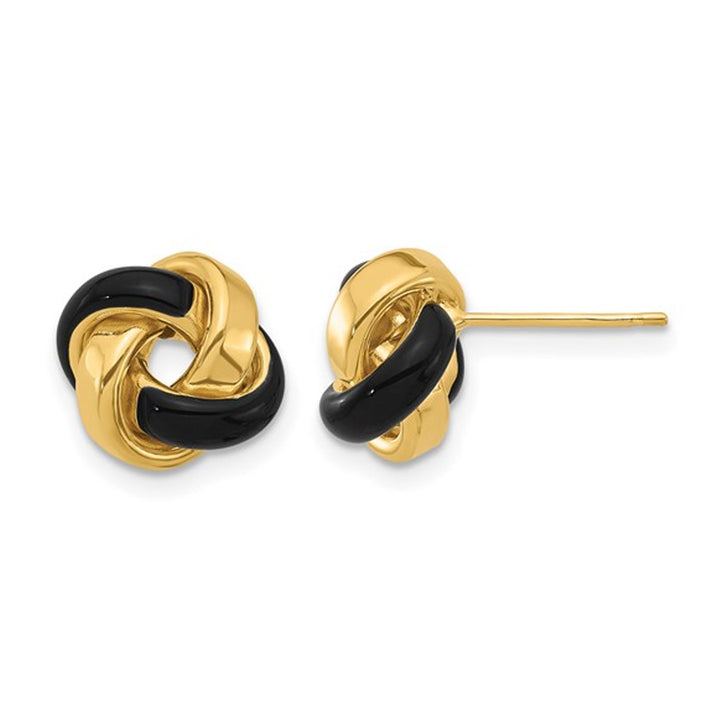 14K Yellow Gold Polished Love Knot Post Earrings with Black Enamel Image 1