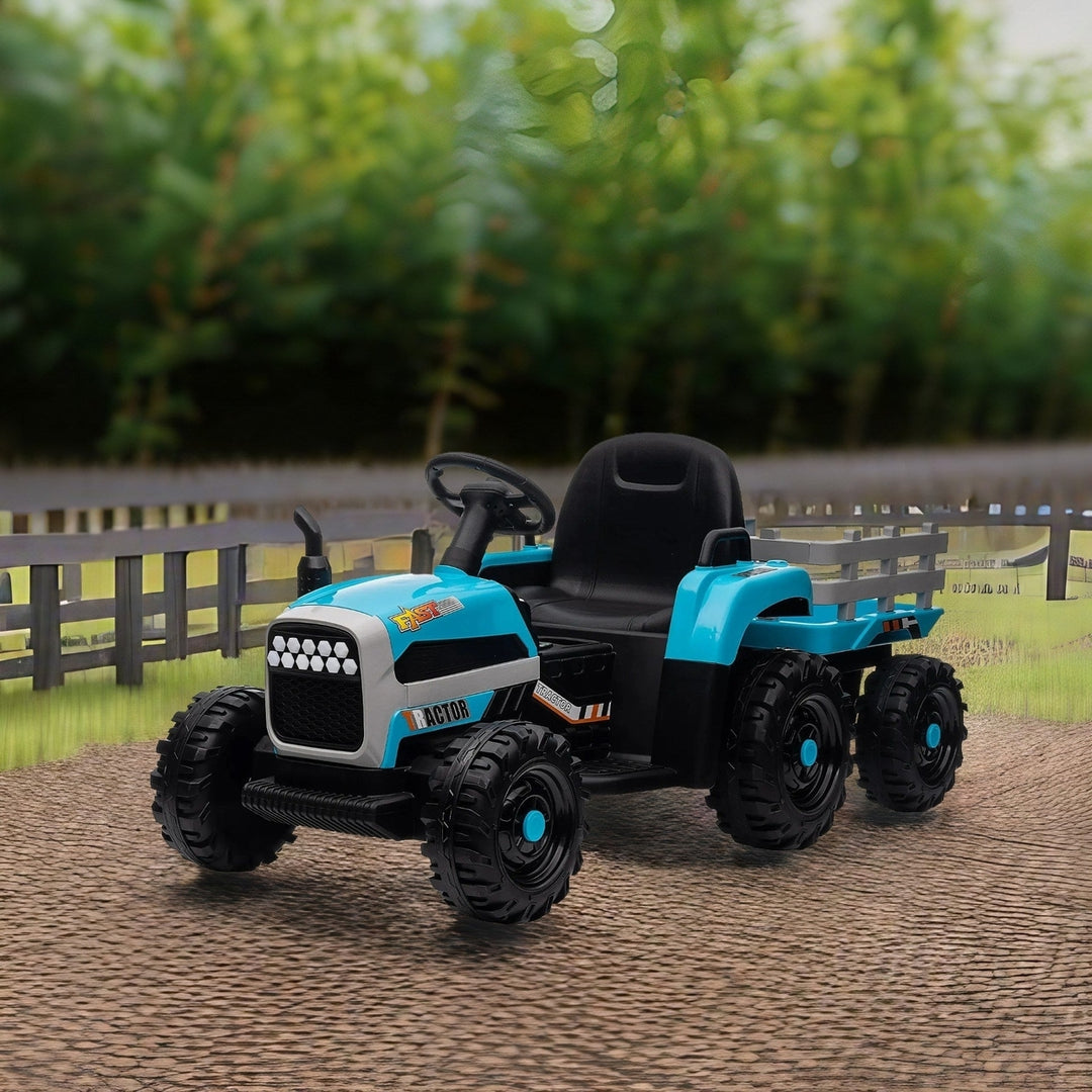 Kids Ride on Tractor with Trailer 12V Battery Blue Image 1