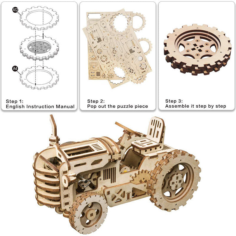 DIY 3D Wooden Puzzle Mechanical Gear Drive Tractor Assembly Kit Image 4