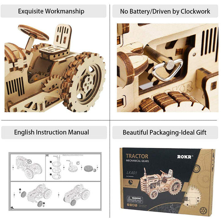 DIY 3D Wooden Puzzle Mechanical Gear Drive Tractor Assembly Kit Image 6