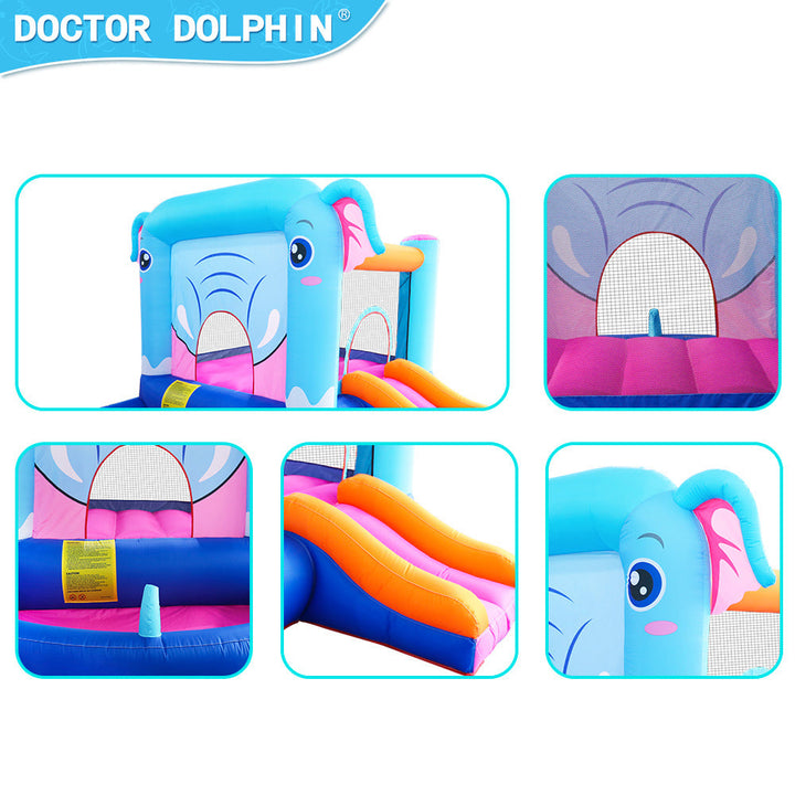 Elephant Inflatable Castle Blue Bounce House w/ Slide Ball Pool and 350W Blower Image 3