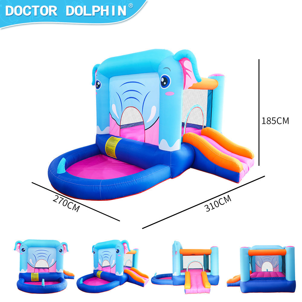 Elephant Inflatable Castle Blue Bounce House w/ Slide Ball Pool and 350W Blower Image 4