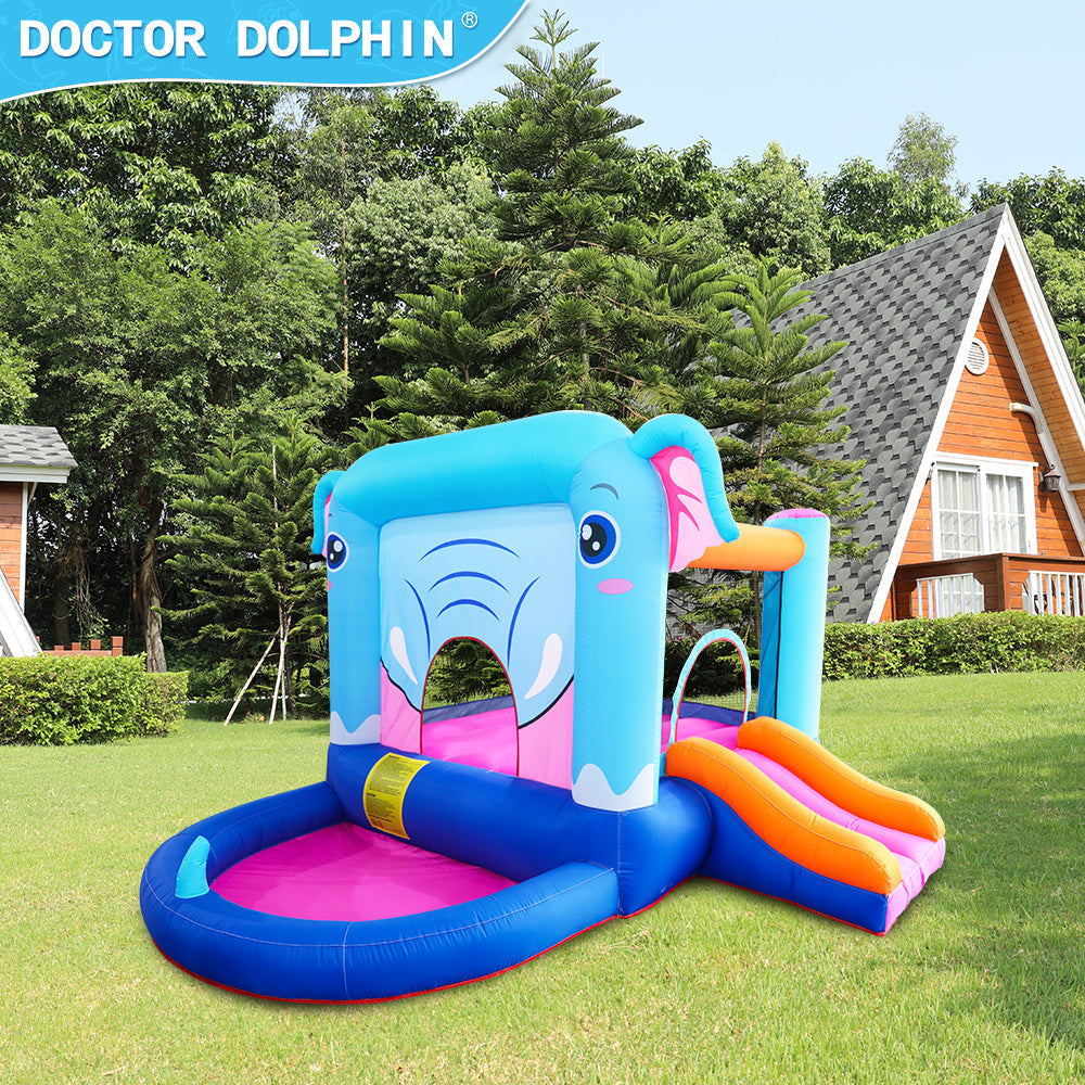 Elephant Inflatable Castle Blue Bounce House w/ Slide Ball Pool and 350W Blower Image 4