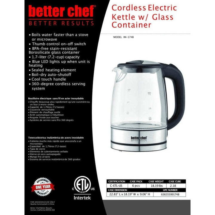 Better Chef 1100W 7-Cup Cordless Electric Borosilicate Glass Kettle with Stainless Steel Accents Image 3