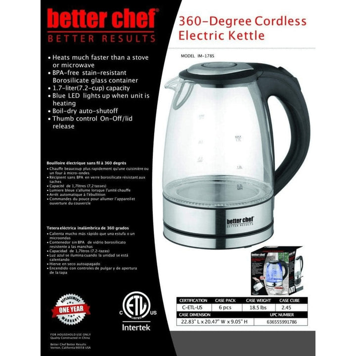 Better Chef 1500W 7-Cup Cordless Electric Borosilicate Glass Kettle with 360 Degree Swivel Base Image 4