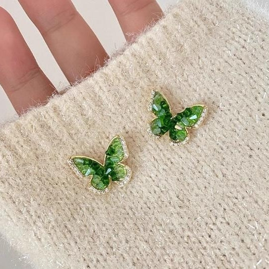 Green crystal butterfly earrings popular light luxury Hepburn style design earrings Image 1