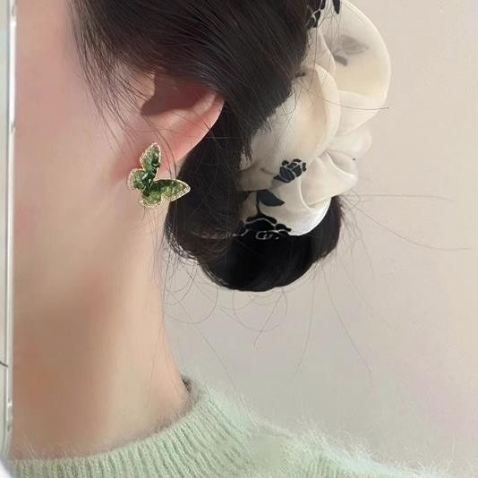 Green crystal butterfly earrings popular light luxury Hepburn style design earrings Image 2