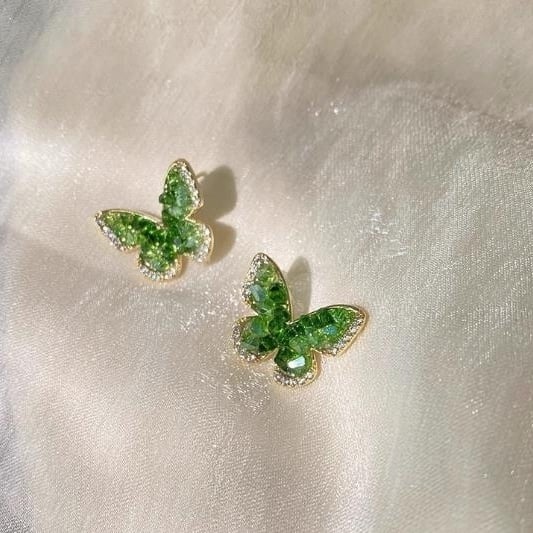 Green crystal butterfly earrings popular light luxury Hepburn style design earrings Image 3