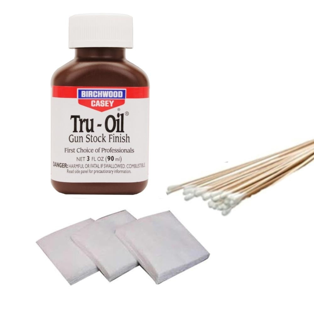 Gun Stock Refinish Kit with Tru-Oil 25 Cotton Swabs and 25-30 Cotton Patches Image 1