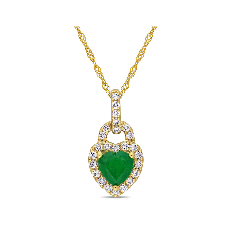 2/3 Carat (ctw) Emerald Heart Pendant Necklace in 14K Yellow Gold with Diamonds and Chain Image 1