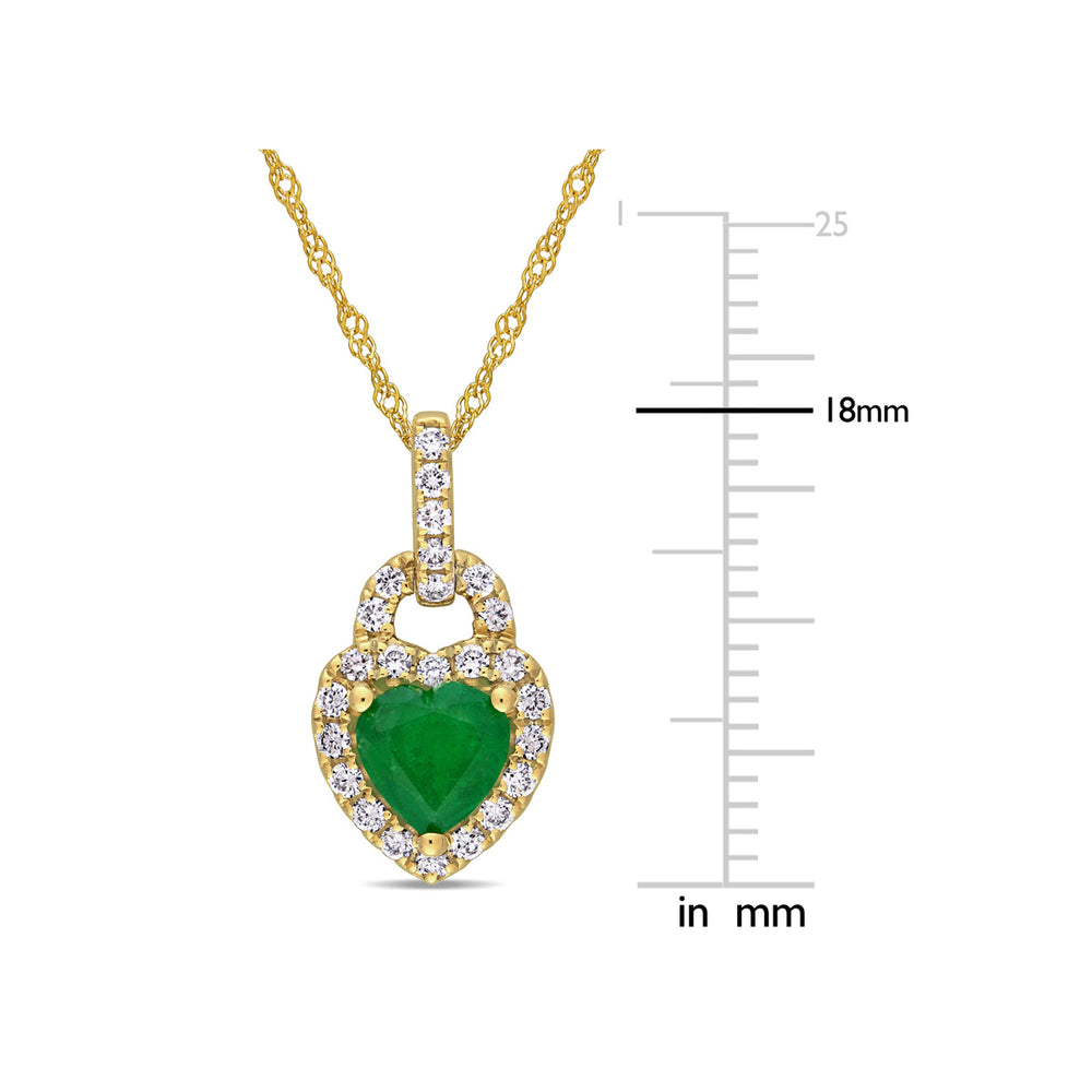 2/3 Carat (ctw) Emerald Heart Pendant Necklace in 14K Yellow Gold with Diamonds and Chain Image 2