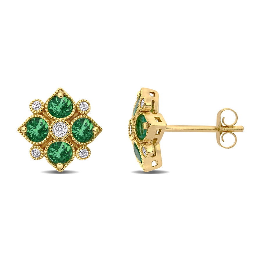 3/4 Carat (ctw) Emerald and Diamond Stud Earrings in 14K Yellow Gold Image 1