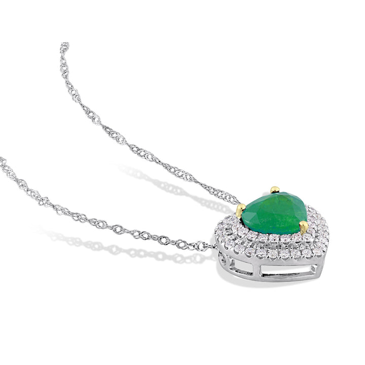 1.10 Carat (ctw) Emerald Heart Pendant Necklace in 14K White Gold with Diamonds and Chain Image 3
