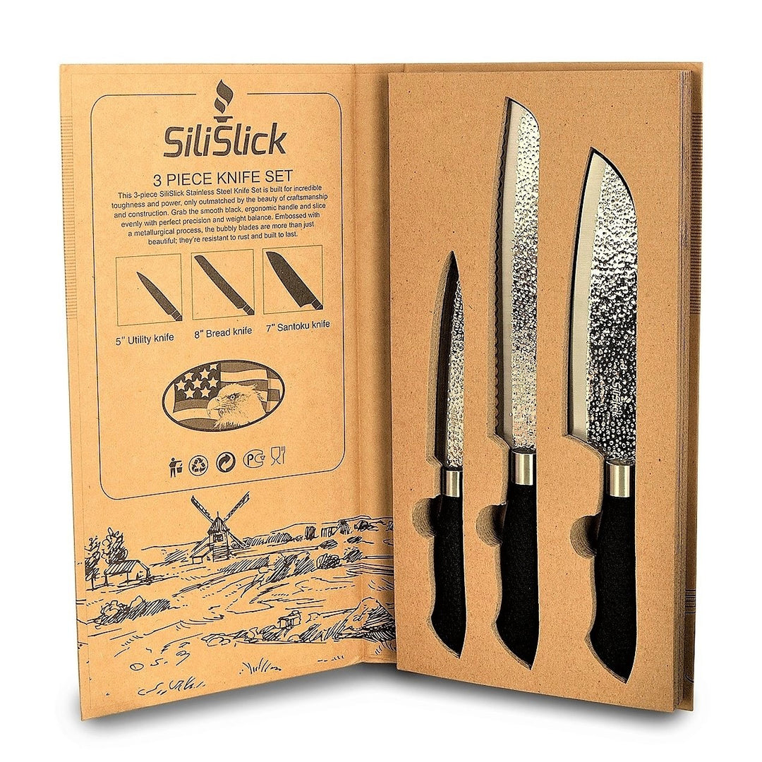 SiliSlick Stainless Steel 3 Piece Kitchen Knife Set Black Ergonomic Handles Image 9