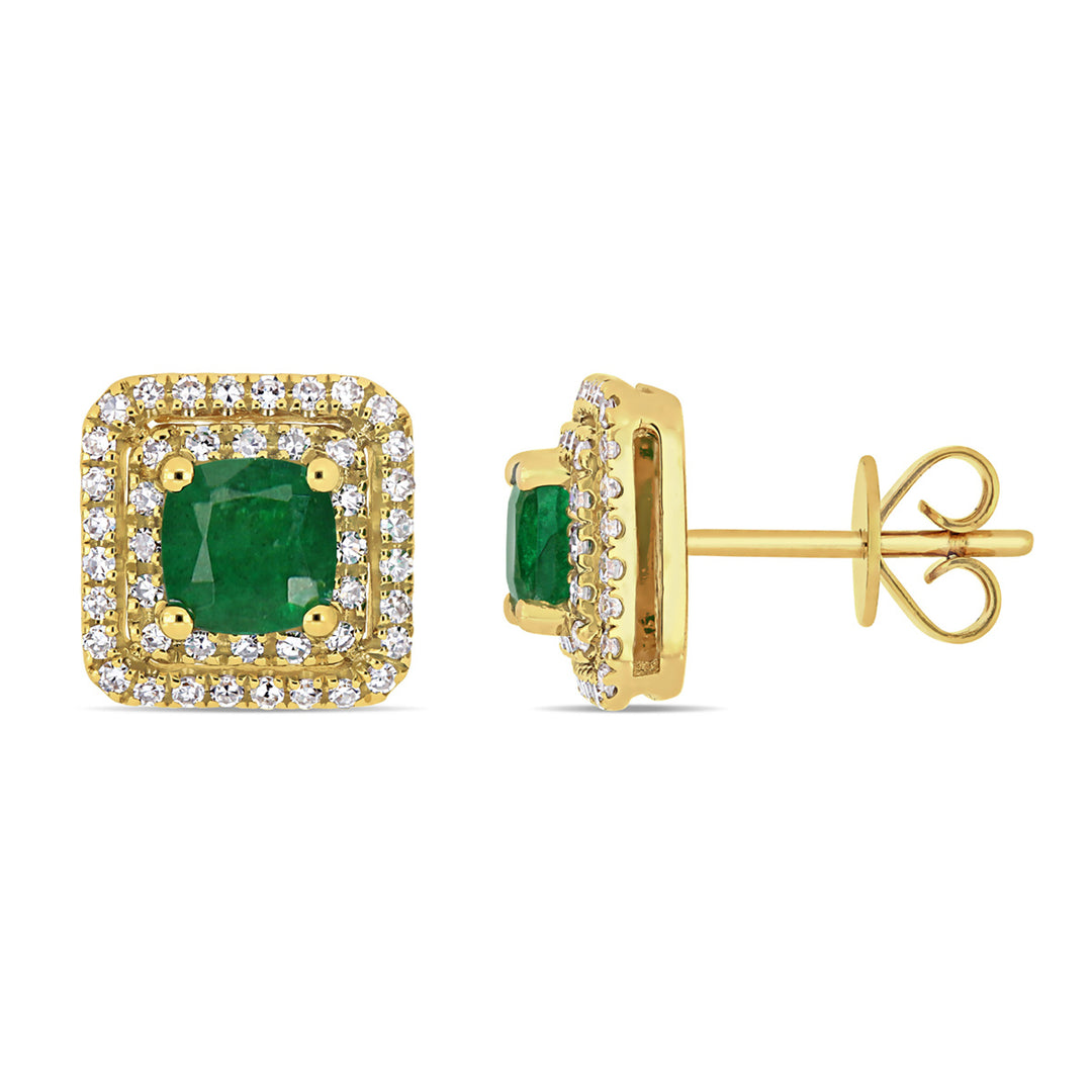 1.00 Carat (ctw) Emerald and Diamond Halo Square Stud Earrings in 14K Yellow Gold Image 1