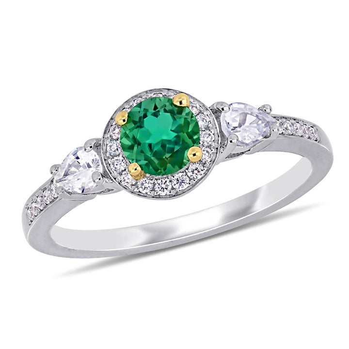 4/5 Carat (ctw) Emerald and White Sapphire Ring in 14K White Gold with Diamonds Image 1