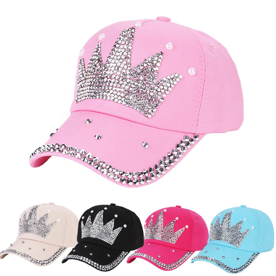 Fashion Women Crown Faux Pearl Rhinestone Baseball Cap Snapback Outdoor Sun Hat Image 1