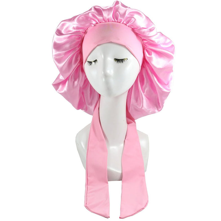 Solid Color Faux Silk Satin High Elastic Lacing Hair Bonnet Sleep Cap Hair Care for Hair Salon Image 1