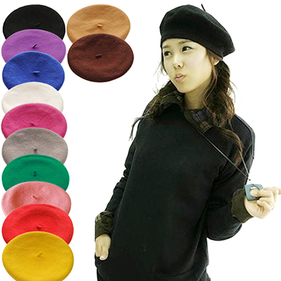 Women Girl Solid Color Warm Winter Beret French Artist Beanie Hat Ski Cap Image 1
