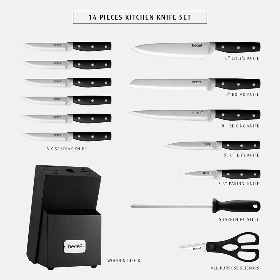 hecef Kitchen Knife Block Set14 Pieces Knife Set with Wooden Block and Sharpener Steel Image 1